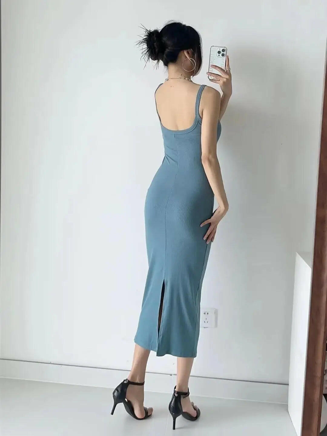 Summer Spaghetti Strap Knits Midi Dress Women Backless Split Slim Elastic 6 Colors Dresses.