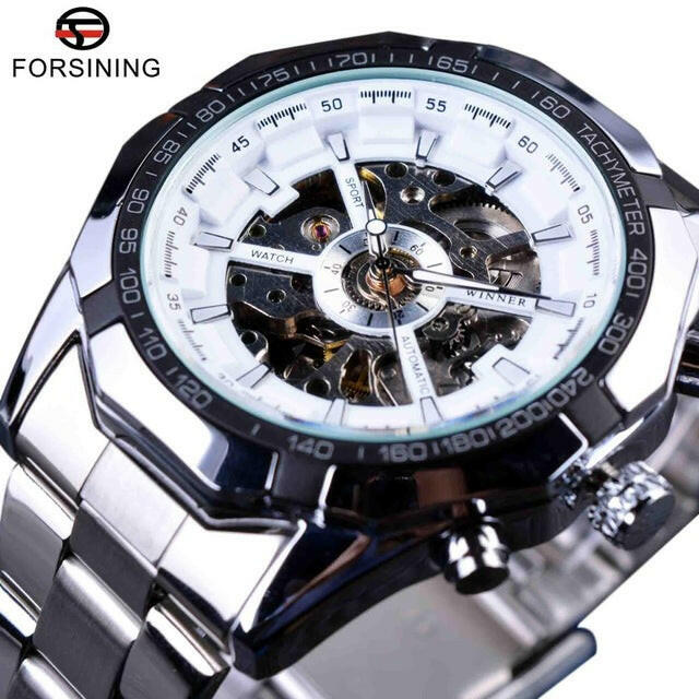 Silver Stainless Steel Waterproof Mens Skeleton Watches Top Brand Luxury Transparent Mechanical Male Wrist Watch.