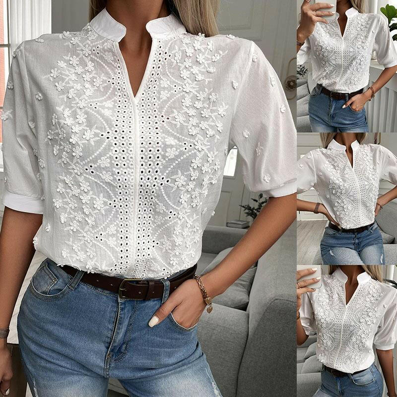 New V-Neck Stand-Up Collar Embroidered Lace Top Shirt.