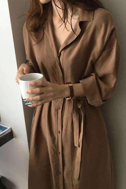 Korea chic Long Sleeve Shirt Dress  New Autumn Spring Casual Patchwork Dresses OL Turn Down Collar Buttons Loose Dresses.