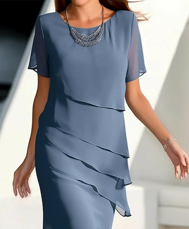 Women's Solid Color Short-Sleeved Sparkling Ruffle Edge Round Neck Casual Dress.