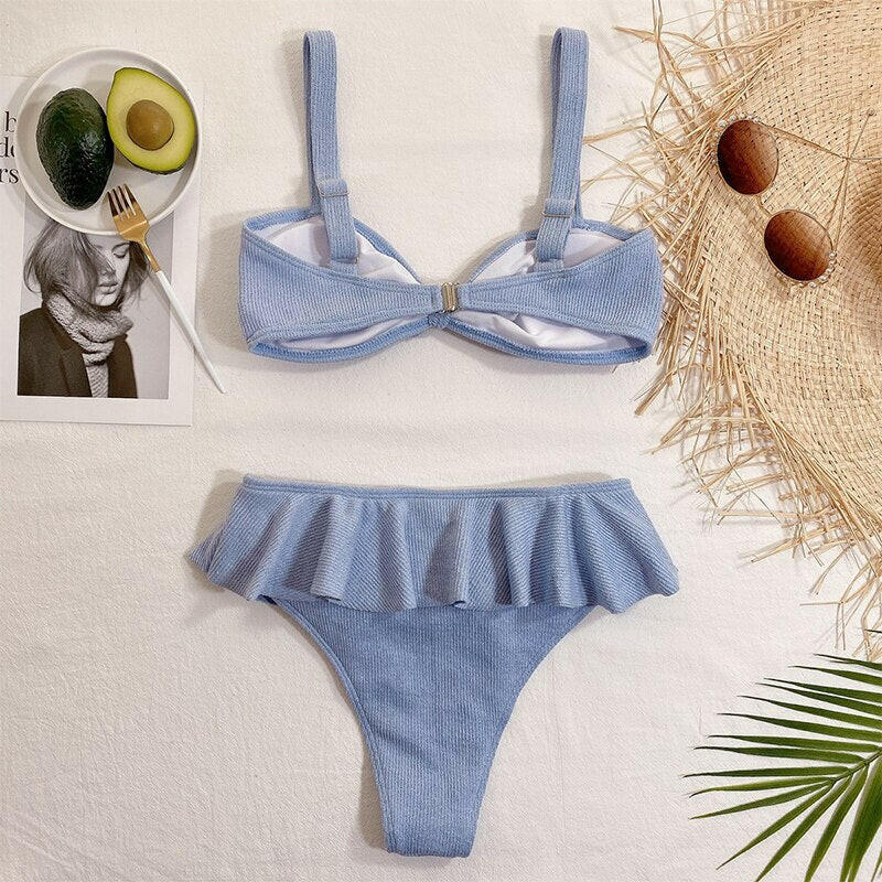 Rivertrip Ruffle Bikini Set Ribbed Women's Swimwear New Bow High Leg Swimsuits Push Up Bathing Suit Sexy Brazilian Bikinis.