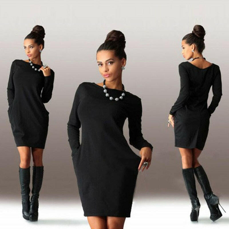 Solid Pockets Casual Loose Autumn Dress Women's O-Neck Long Sleeve Mini Bodycon Dresses vestidos.