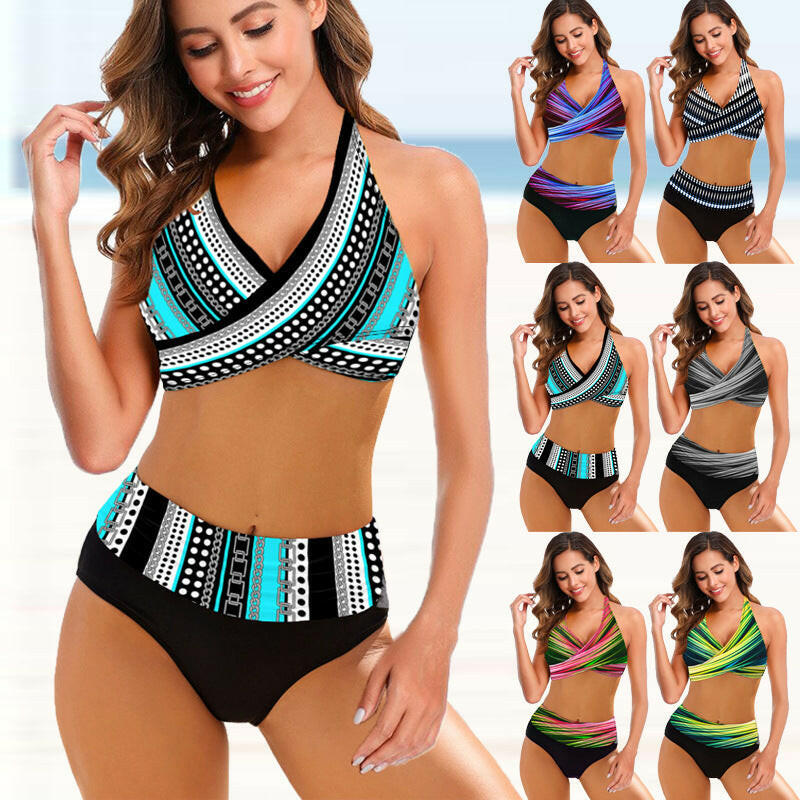 Women's High-Waisted Split Bikini – Striped Tie-Dye, Hollow-Out, Sexy Swimsuit.