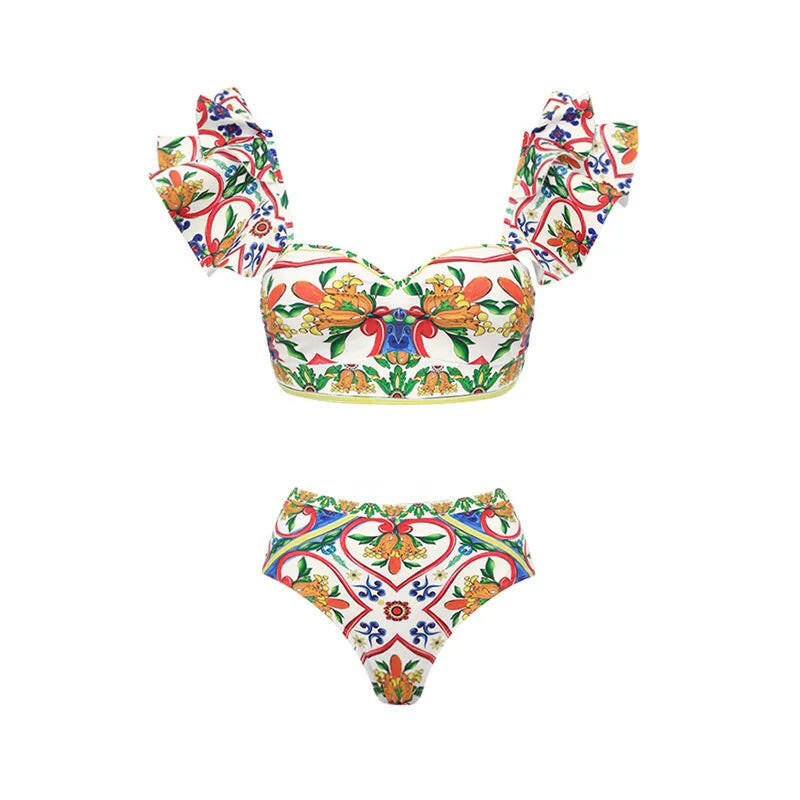 New Women's Lotus Edge Enamel Print Beach Vacation One Piece Swimwear Set.