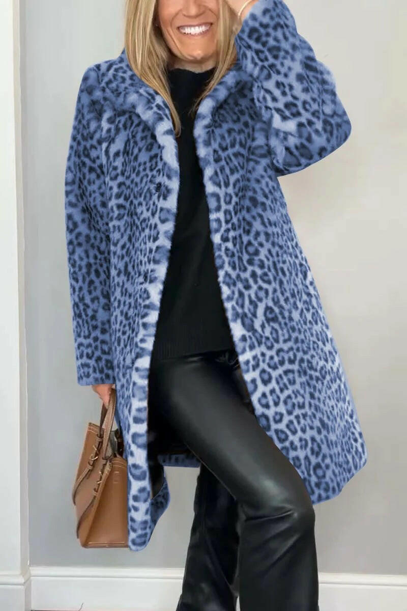 Autumn & Winter Leopard Print Plush Medium-Long Jacket for Women.