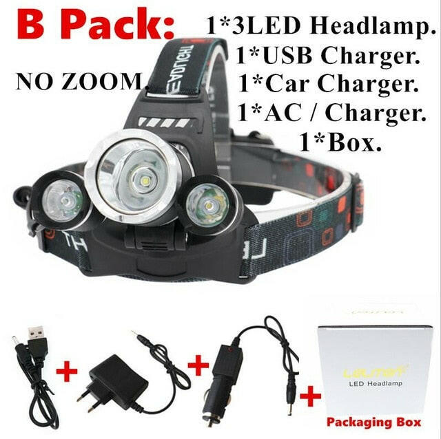 15000Lm XM-T6x3 LED Headlight ZOOM Flashlight Torch Camping Fishing Headlamp lantern Use 2*18650 battery / AC/Car/Usb/ charging.