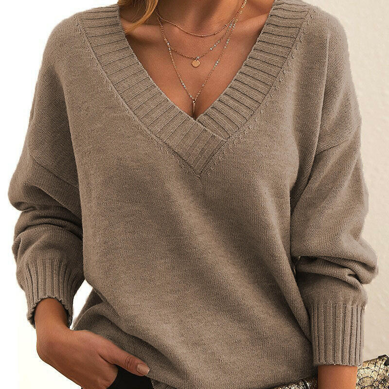 Women's European & American Loose V-Neck Pullover Sweater – Casual & Versatile Knitwear.