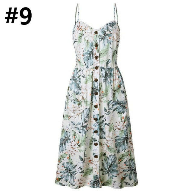 Sexy Women Floral Sleeveless Long Dresses Ladies Spaghetti Strap Sundress Printing Sling Button Backless Sexy Dress 20 Color W6.