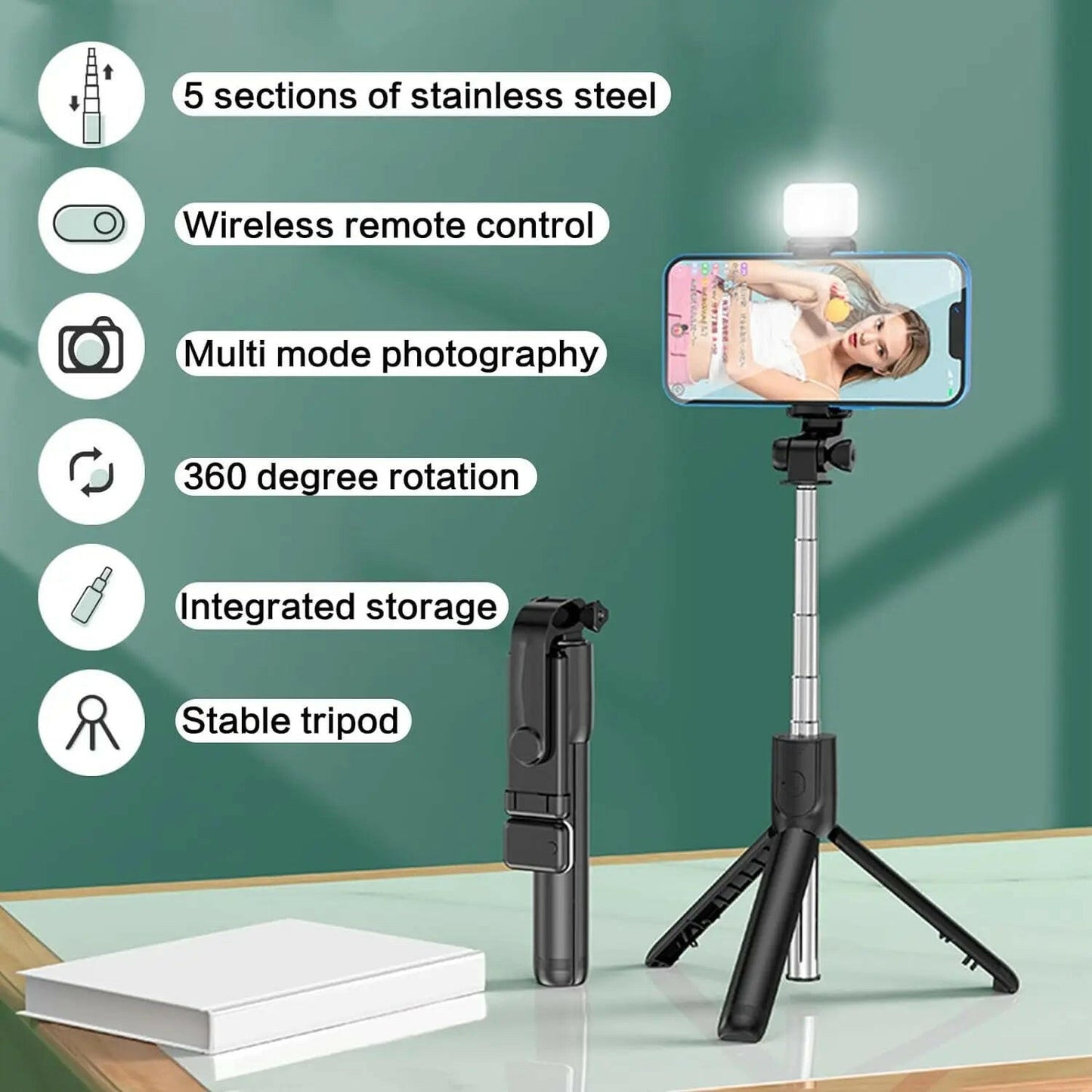 Selfie Stick with Fill Light Extendable Selfie Stick Tripod with Wireless Remote and Phone Holder Group Selfies For All  phones.