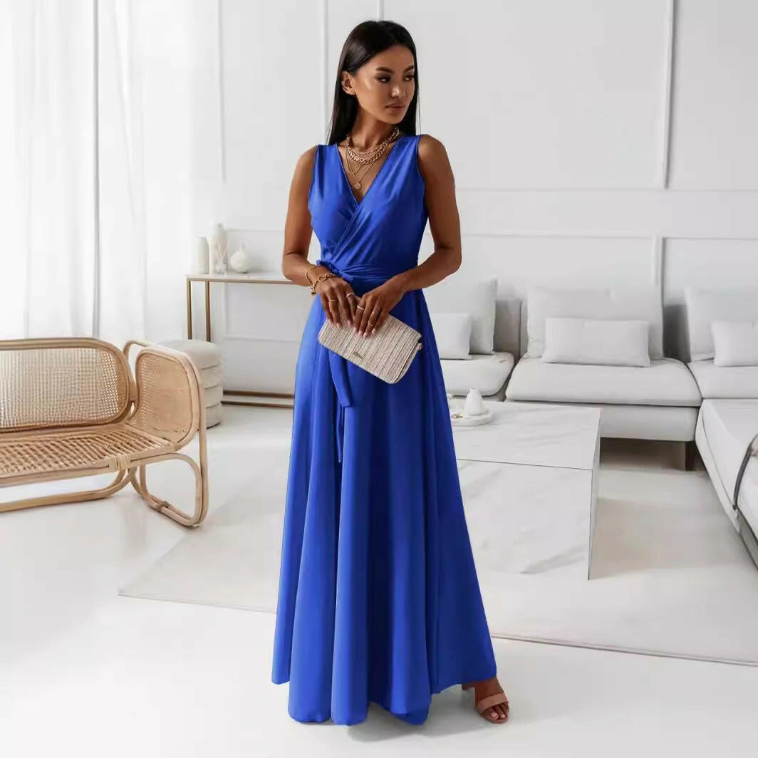 New Women's Solid Color V-Neck Long Dress – Elegant Style.