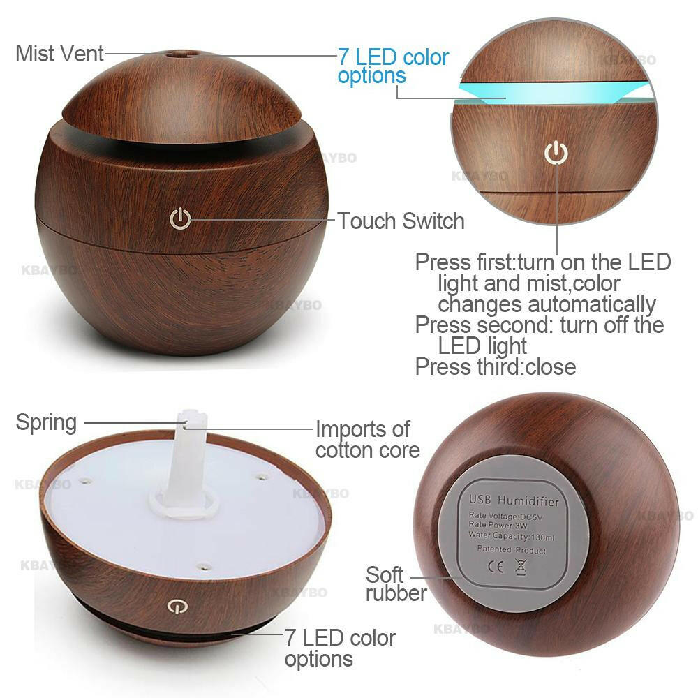 USB Aroma Essential Oil Diffuser Ultrasonic Cool Mist Humidifier Air Purifier 7 Color Change LED Night light for Office Home.