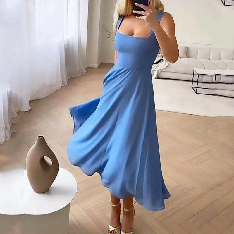 New square collar camisole style waist cinching dress elegant long skirt.