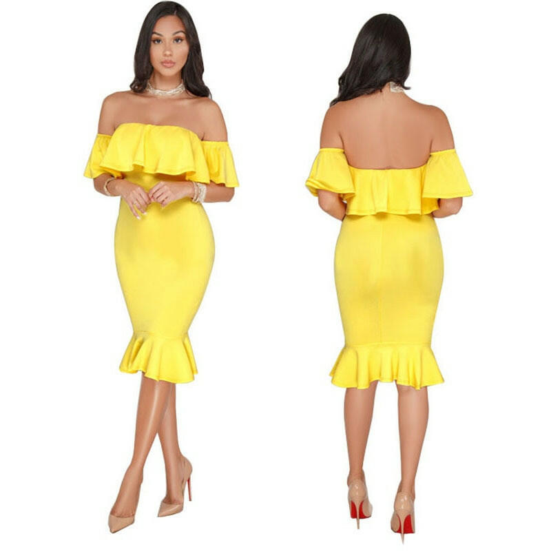 Elegant Yellow Off Shoulder Party Short Dress Women Sexy Backless Ruffles Sleeve Club Dresses Female Clothing.