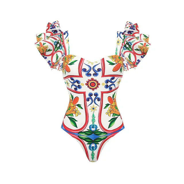 New Women's Lotus Edge Enamel Print Beach Vacation One Piece Swimwear Set.