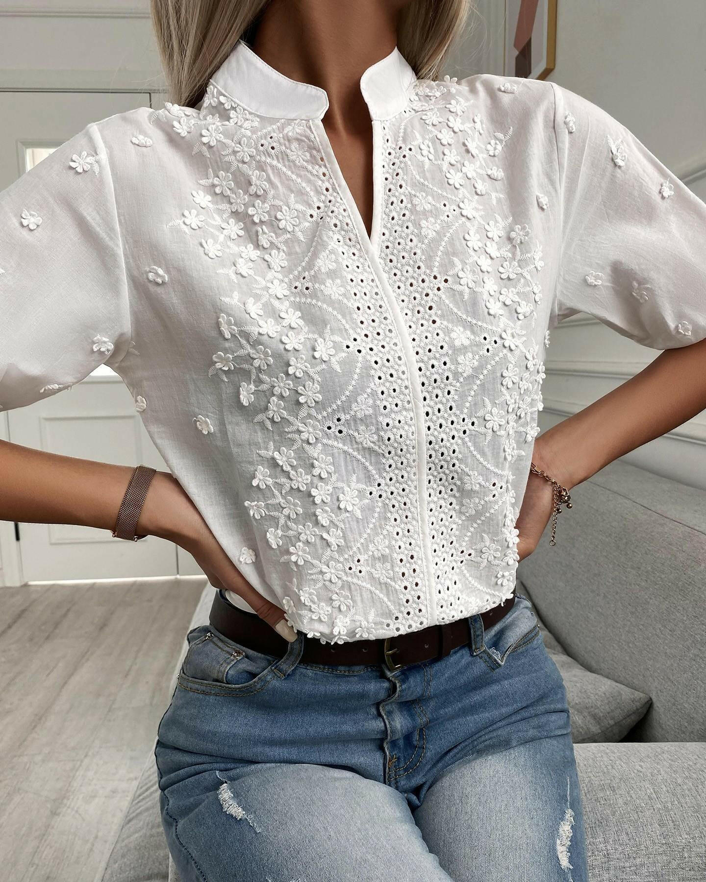 New V-Neck Stand-Up Collar Embroidered Lace Top Shirt.