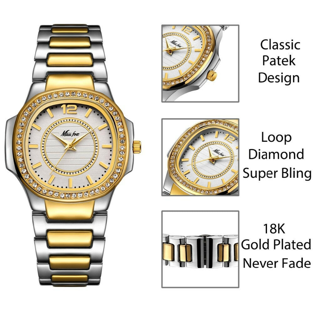 Missfox 2549 Women Watches Women Fashion Watch Geneva Designer Ladies Watch Luxury Brand Diamond Quartz Gold Wrist Watch Gifts For Women.