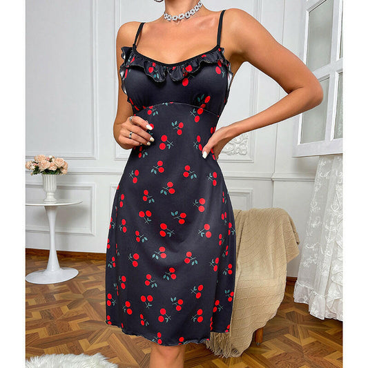 Cherry Heart Printed Sexy Lingerie Nightgown - Elegant & Alluring.