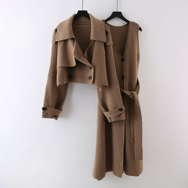 Fashion Knitted 2 Pieces Set For Women Lapel Single Breasted Long Sleeves Patchwork Coat Straight Belt Dresses.