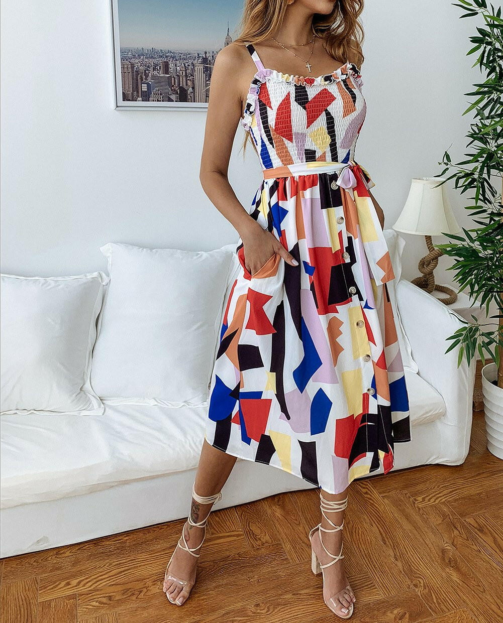 Women Summer Beach Dress Fashion Sling Square Collar Casual Sleeveless Printed Button Female Mid-Calf Dresses.