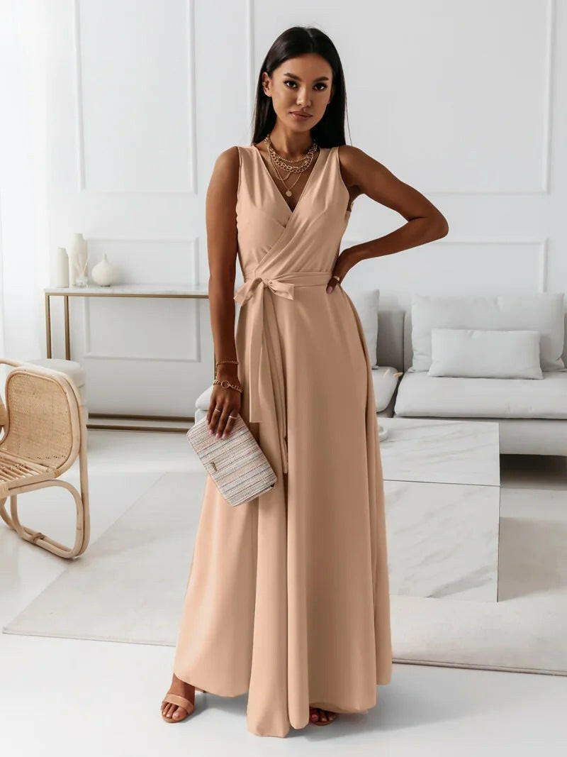 New Women's Solid Color V-Neck Long Dress – Elegant Style.