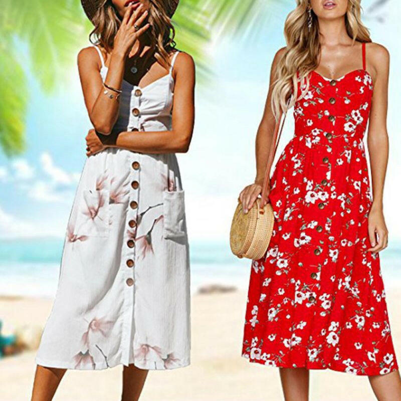 Sexy Women Floral Sleeveless Long Dresses Ladies Spaghetti Strap Sundress Printing Sling Button Backless Sexy Dress 20 Color W6.