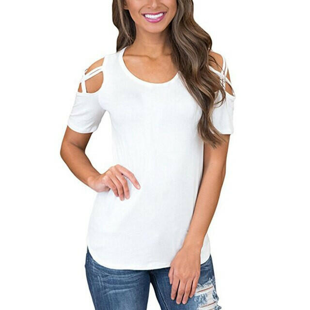 Women's Loose Strappy Cold Shoulder Top - Casual Summer T-Shirt.