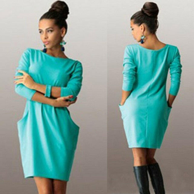 Solid Pockets Casual Loose Autumn Dress Women's O-Neck Long Sleeve Mini Bodycon Dresses vestidos.