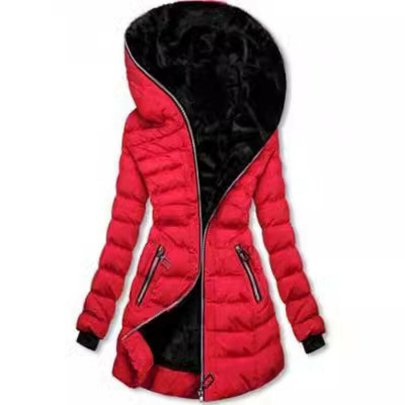 Women's Hooded Long-Sleeve Plush Cotton Winter Jacket – Warm & Cozy Mid-to-Long Length Coat.