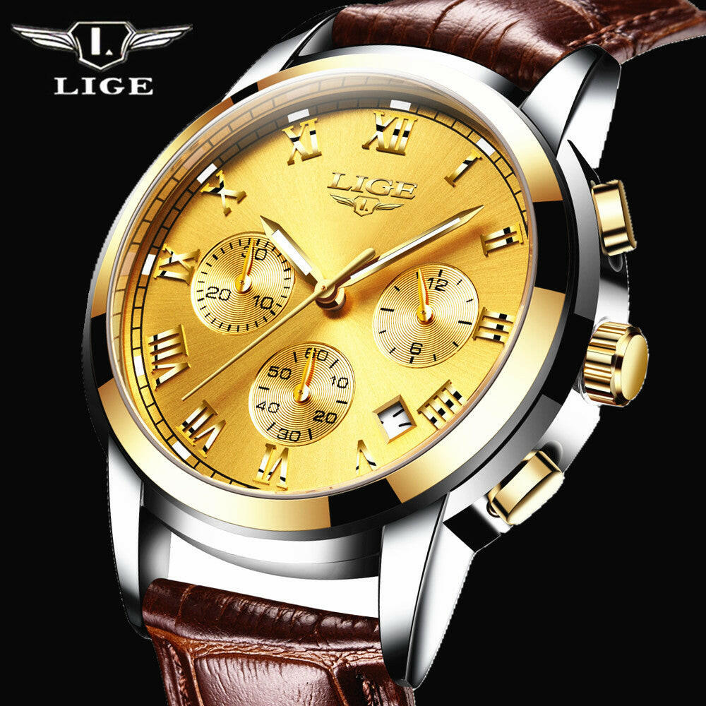 Lige Casual Fashion Trend Business Waterproof Belt Watch | Men's Multi-Function Luminous Watch.