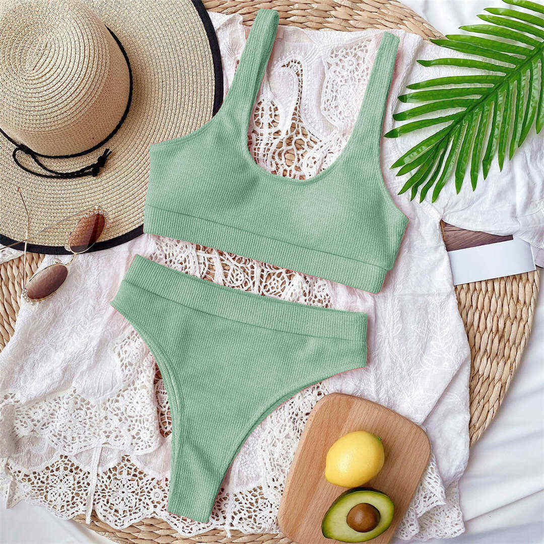 Sexy Ribbed Swimsuit High Waist Bikini Women Swimwear Two-pieces Bikini set Bather Bathing Suit Swim Wear V1946G.