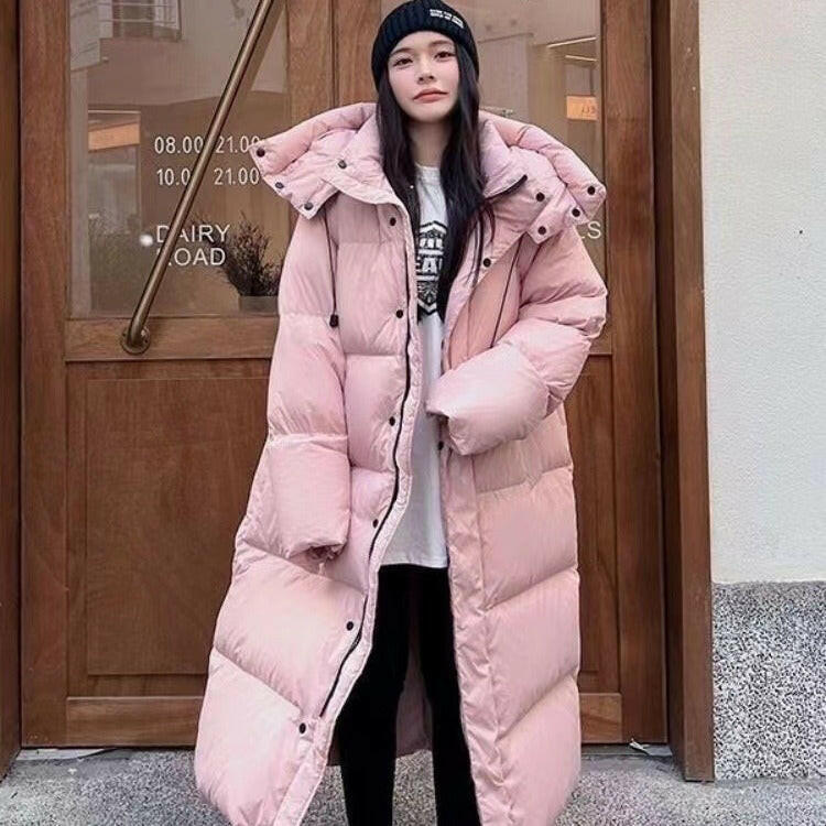 Winter Mid-to-Long Knee Cotton Jacket – Loose Hooded Down Coat for Women.