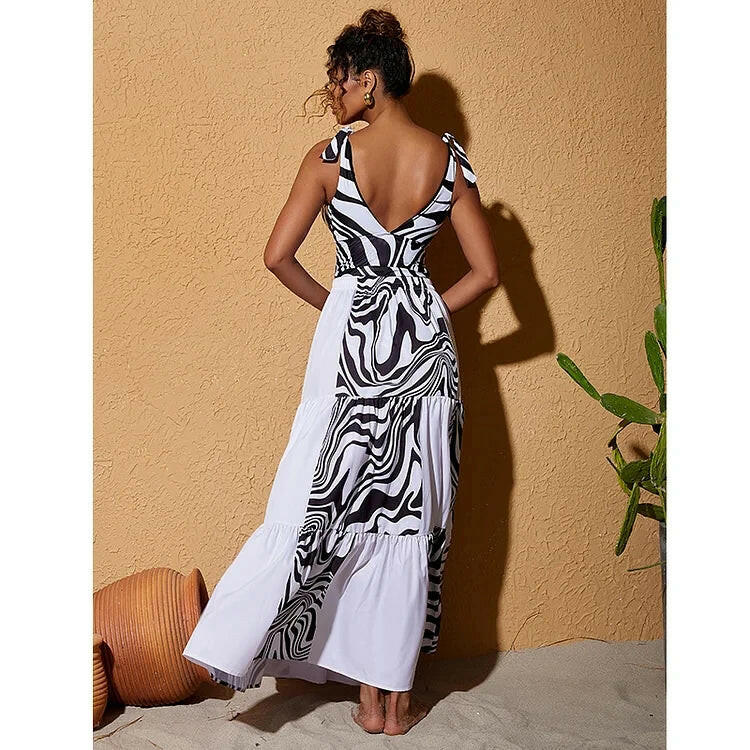 Women's V-Neck Printed One-Piece Swimsuit and Skirt Bikini Set - Summer Outfits.