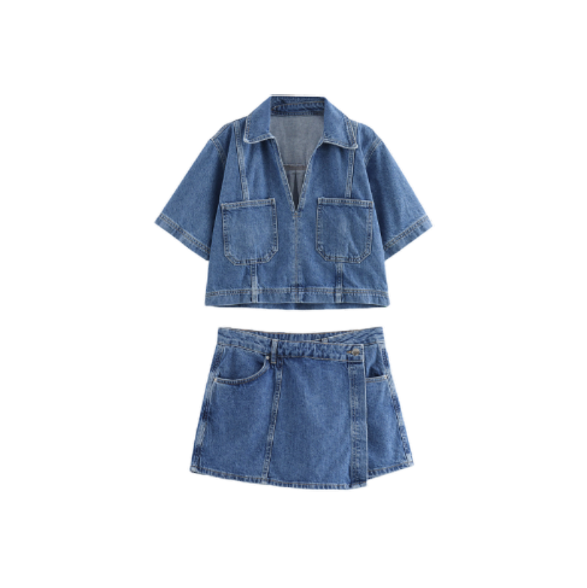 Short Denim Shirt and Double-Breasted Denim Skirt & Pants Set.