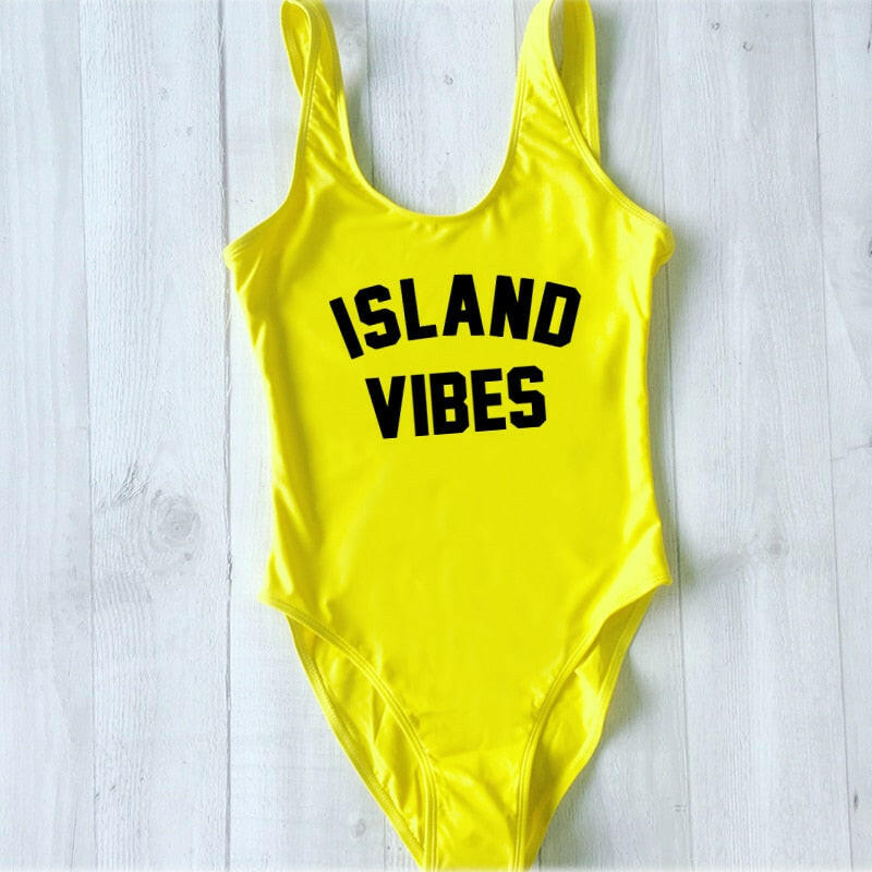 Sexy Swimwear Women ISLAND VIBES Letter Print Swimwear Women High Cut Low Back Bathing Suits.