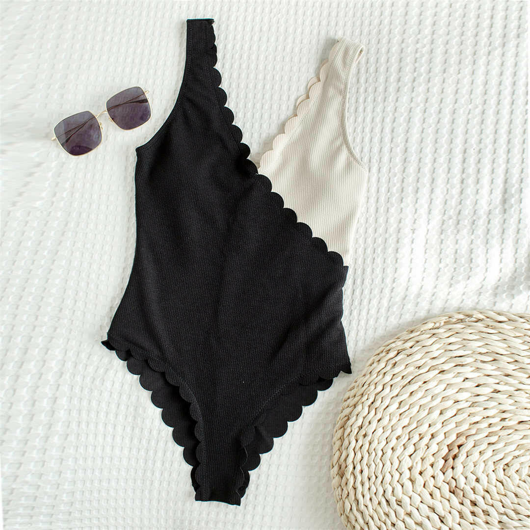 Scalloped Black Beige Splicing High Cut One Piece Swimsuit Women Swimwear Female Ribbed Bather Bathing Suit Swim Lady V2425.