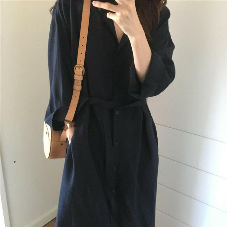 Korea chic Long Sleeve Shirt Dress  New Autumn Spring Casual Patchwork Dresses OL Turn Down Collar Buttons Loose Dresses.