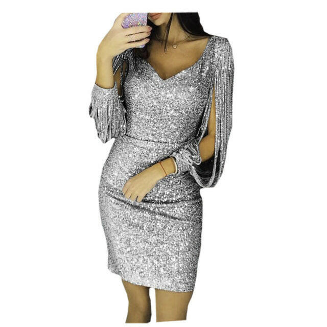 Women Knee Length Party Dress Gold Tassel Dresses Female Bodycon Long sleeve Bright Silk Shiny Dress Vestidos.