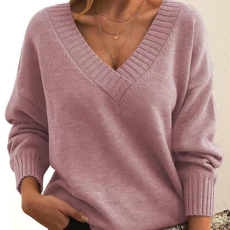 Women's European & American Loose V-Neck Pullover Sweater – Casual & Versatile Knitwear.