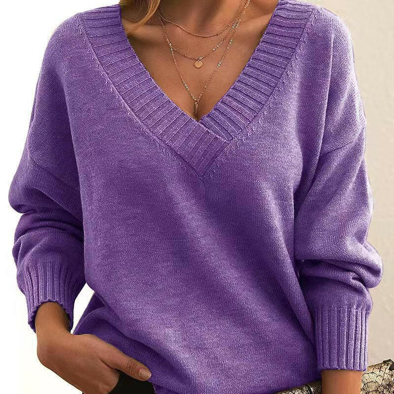 Women's European & American Loose V-Neck Pullover Sweater – Casual & Versatile Knitwear.