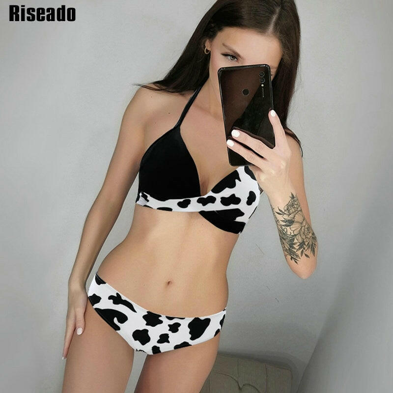 Riseado Sexy Push Up Bikinis Set Swimwear Women Swimsuits Bathing Suit Women Halter biquini Leaf Print Beach Wear Bikini.