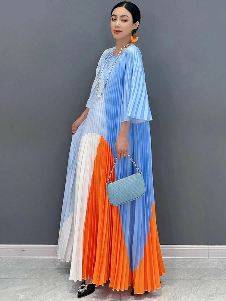 Summer New Hundred Pleated Printed Long Dress With O-Neck Half Sleeves Elegant Ladies Flare Women Dresses.