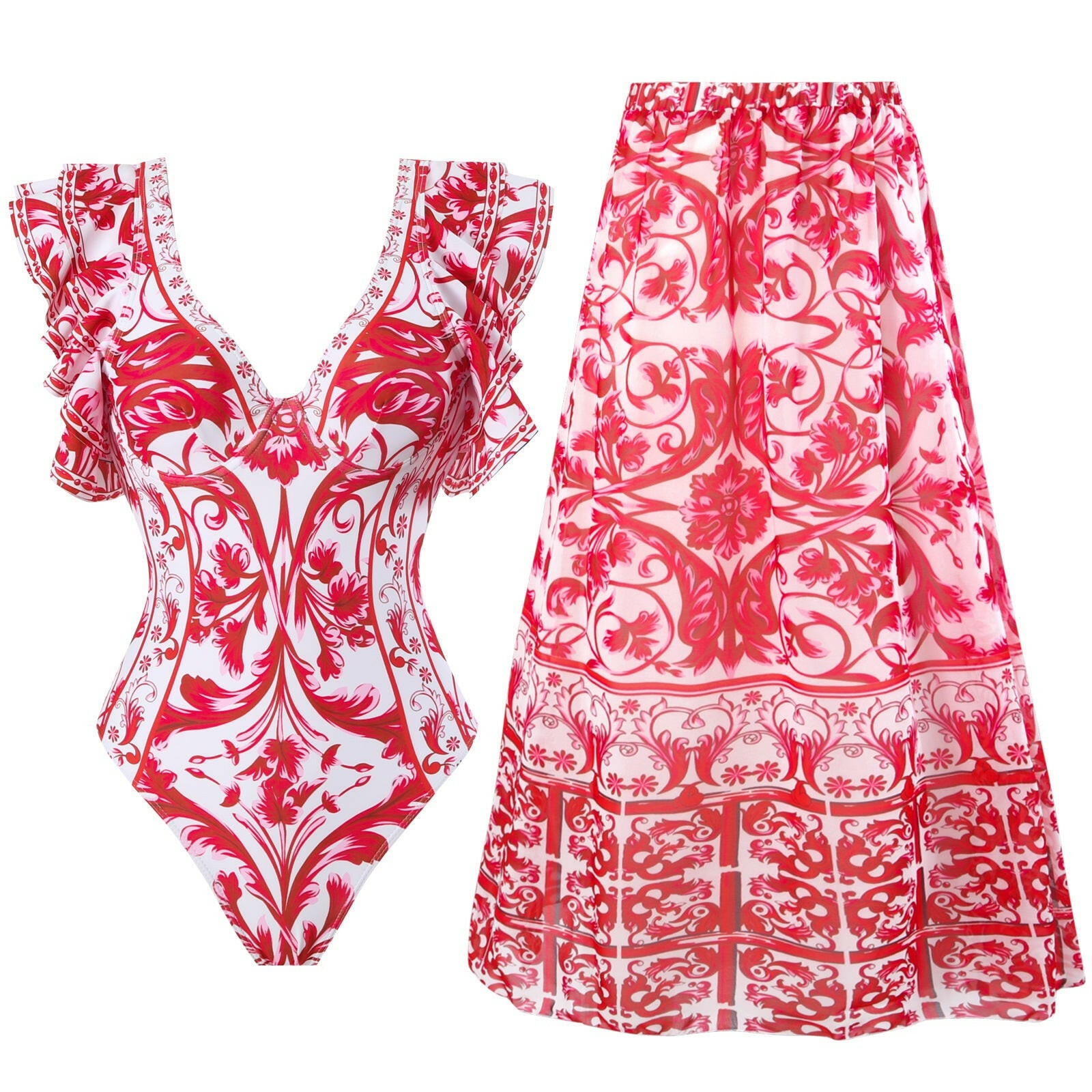 Women's Sexy Red 3D Flower One-Piece Swimsuit and Skirt Bikini Set - Two-Piece Swimwear.