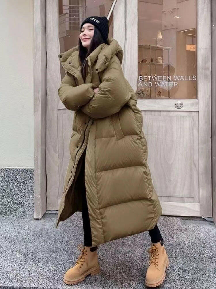 Winter Mid-to-Long Knee Cotton Jacket – Loose Hooded Down Coat for Women.