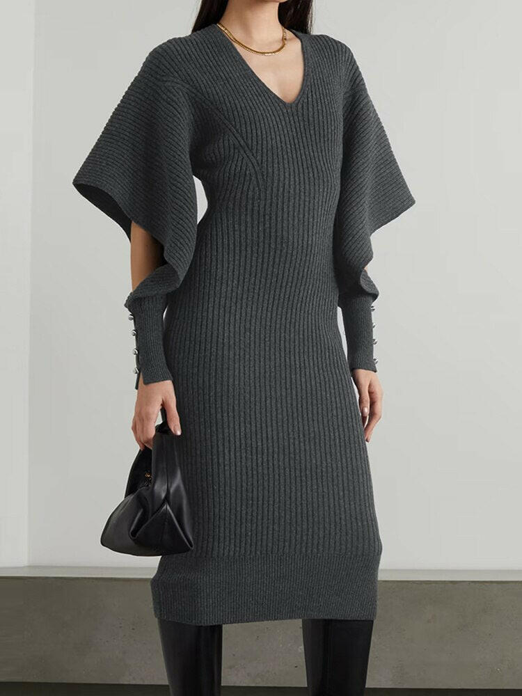 Hollow Out Knitted Dress For Women V Neck Long Sleeve Solid Color.