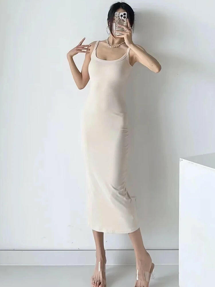 Summer Spaghetti Strap Knits Midi Dress Women Backless Split Slim Elastic 6 Colors Dresses.