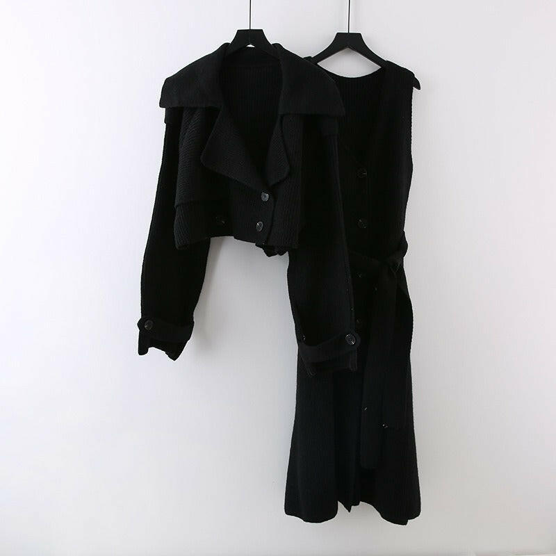 Fashion Knitted 2 Pieces Set For Women Lapel Single Breasted Long Sleeves Patchwork Coat Straight Belt Dresses.