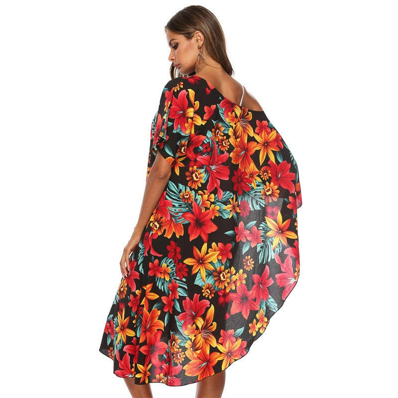 Asymmetry Floral Print Tunic Beach Dress Red Flower Beachwear Swimsuit Swim Dresses Womens Bathing Suit Cover Ups.