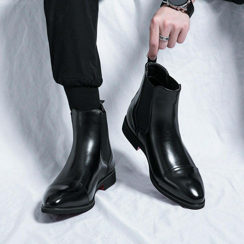 Men’s Pointed Toe High-Top Leather Boots – Red Sole Martin Boots, European & American Style.