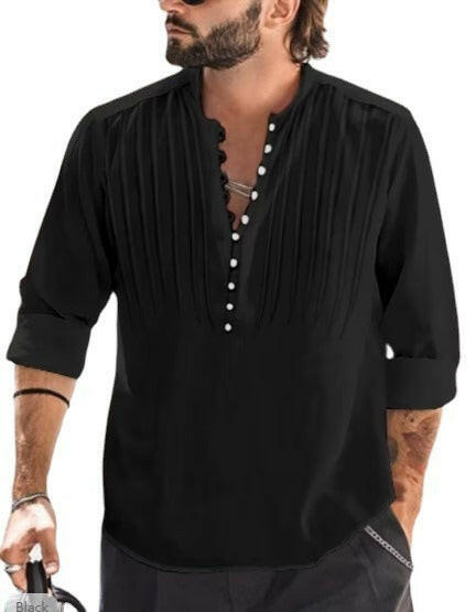 Cotton and Linen Mens Casual Button Round Neck Solid Standing Collar Shirt.